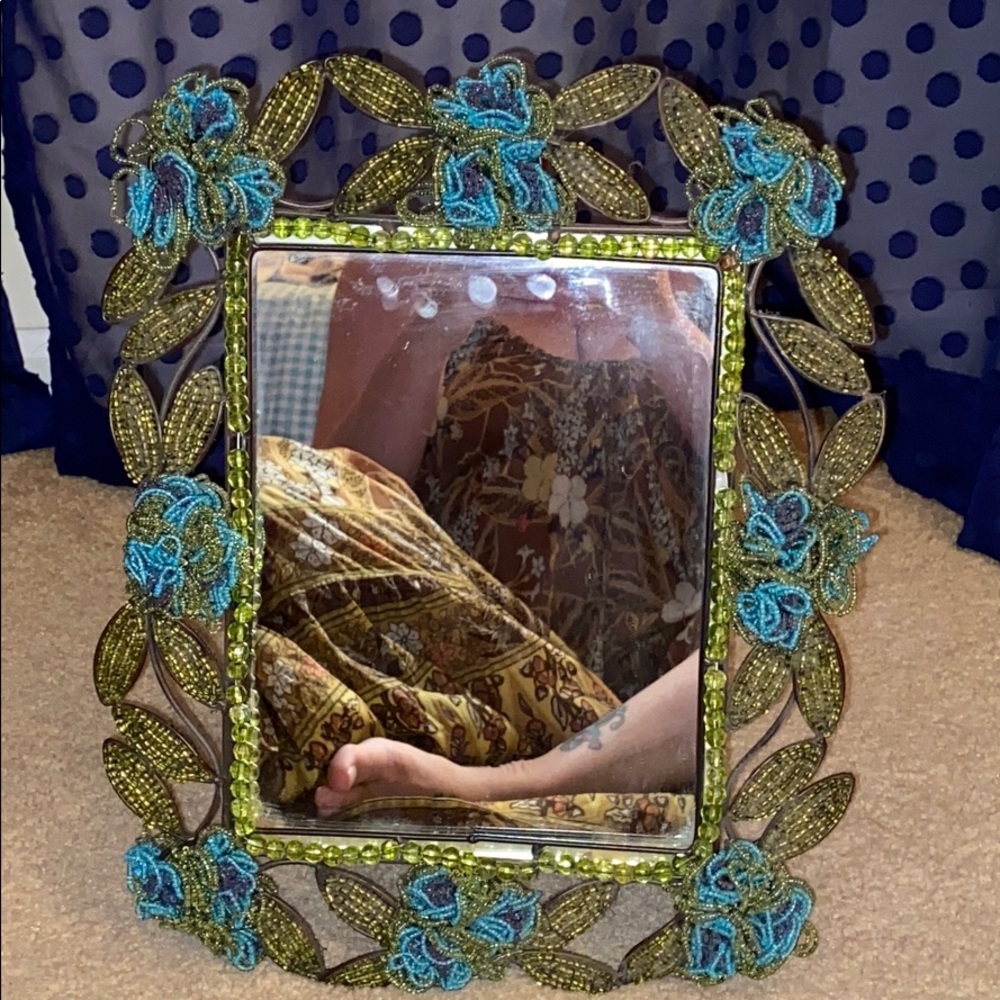 Vintage style beaded mirror on stand 14 x 11”